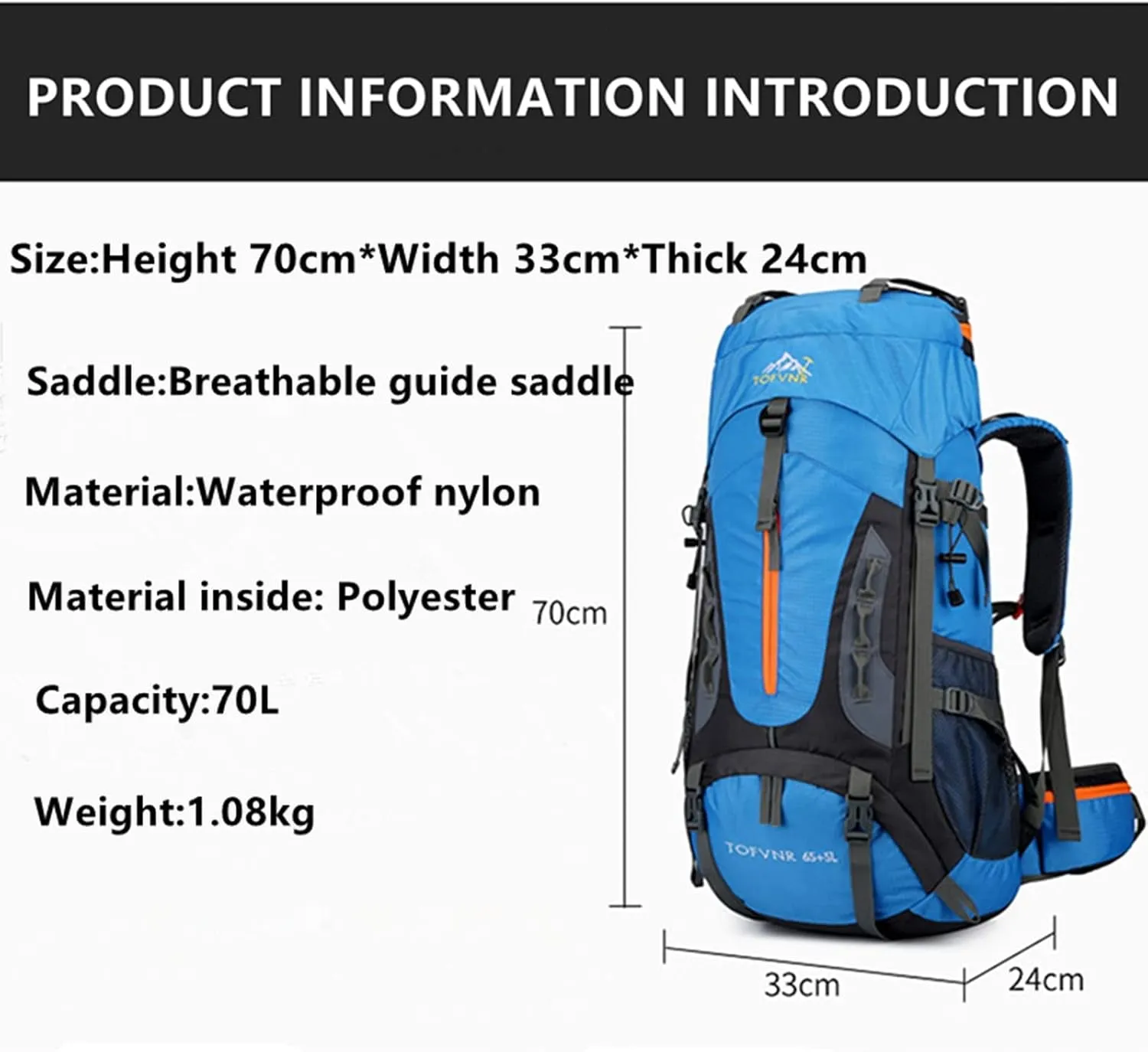 70L Large Camping Hiking Backpack, Lightweight Nylon Trekking Rucksack