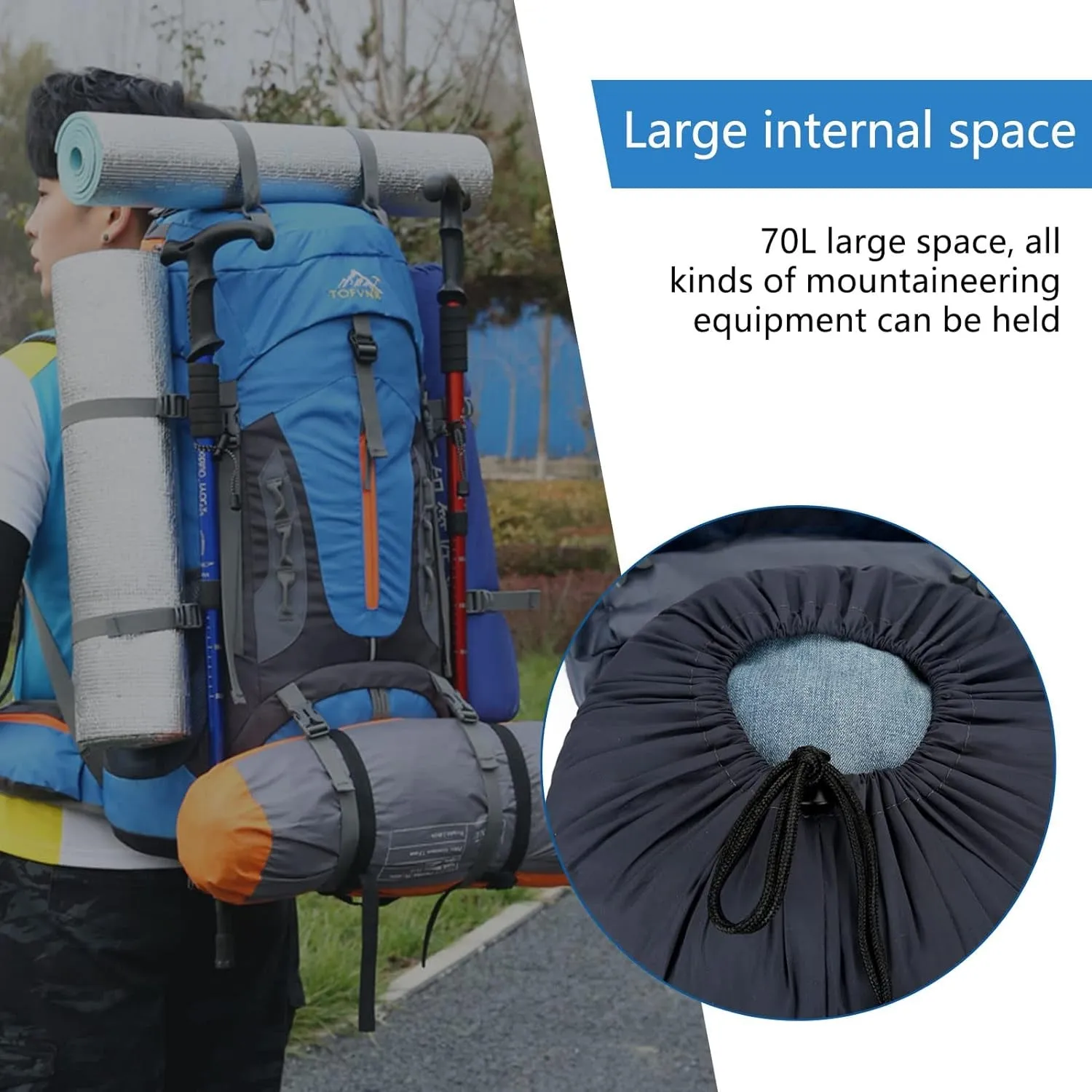 70L Large Camping Hiking Backpack, Lightweight Nylon Trekking Rucksack