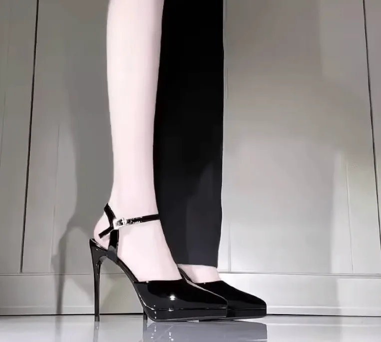 Elegant French Style Black High Heels - Thick Sole Strap Sandals for Women