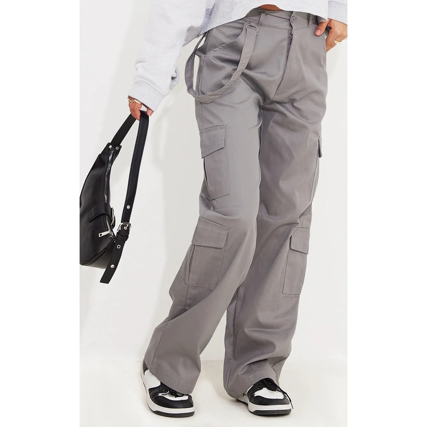 Grey Belted Cargo Straight Leg Trousers