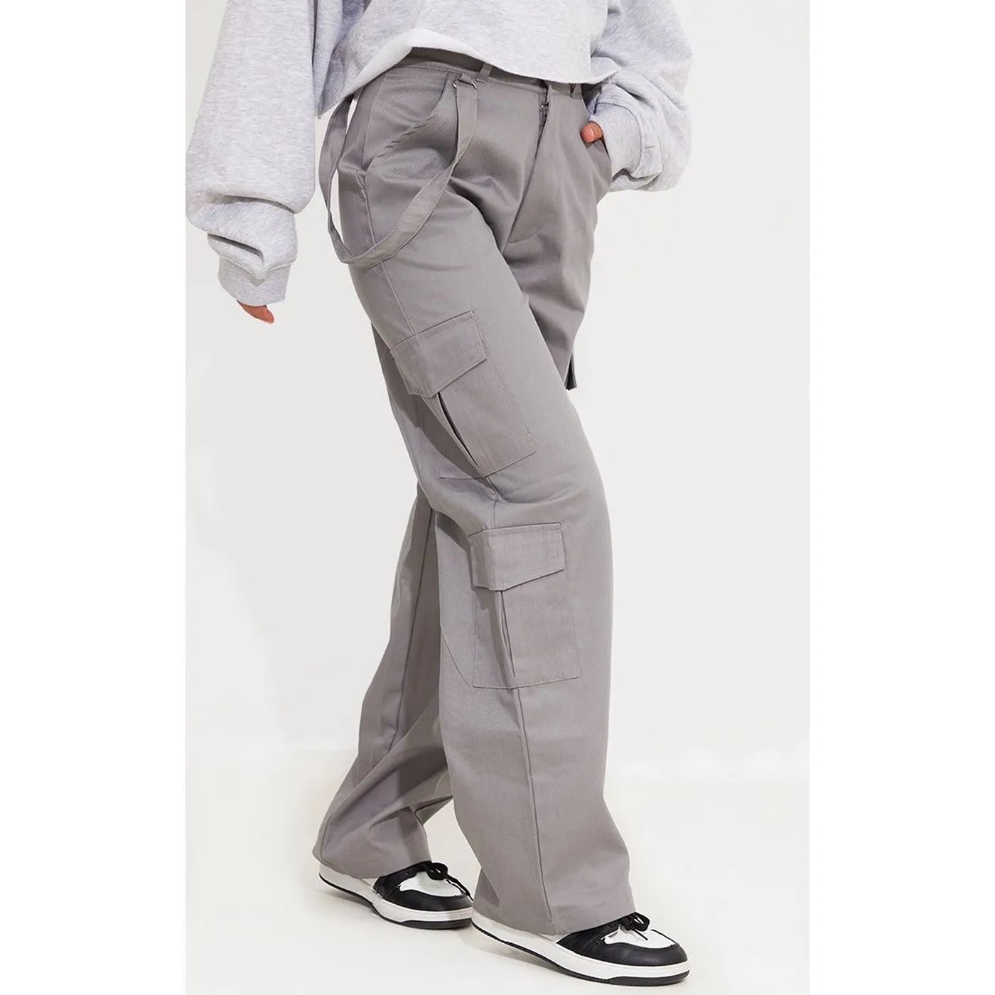 Grey Belted Cargo Straight Leg Trousers