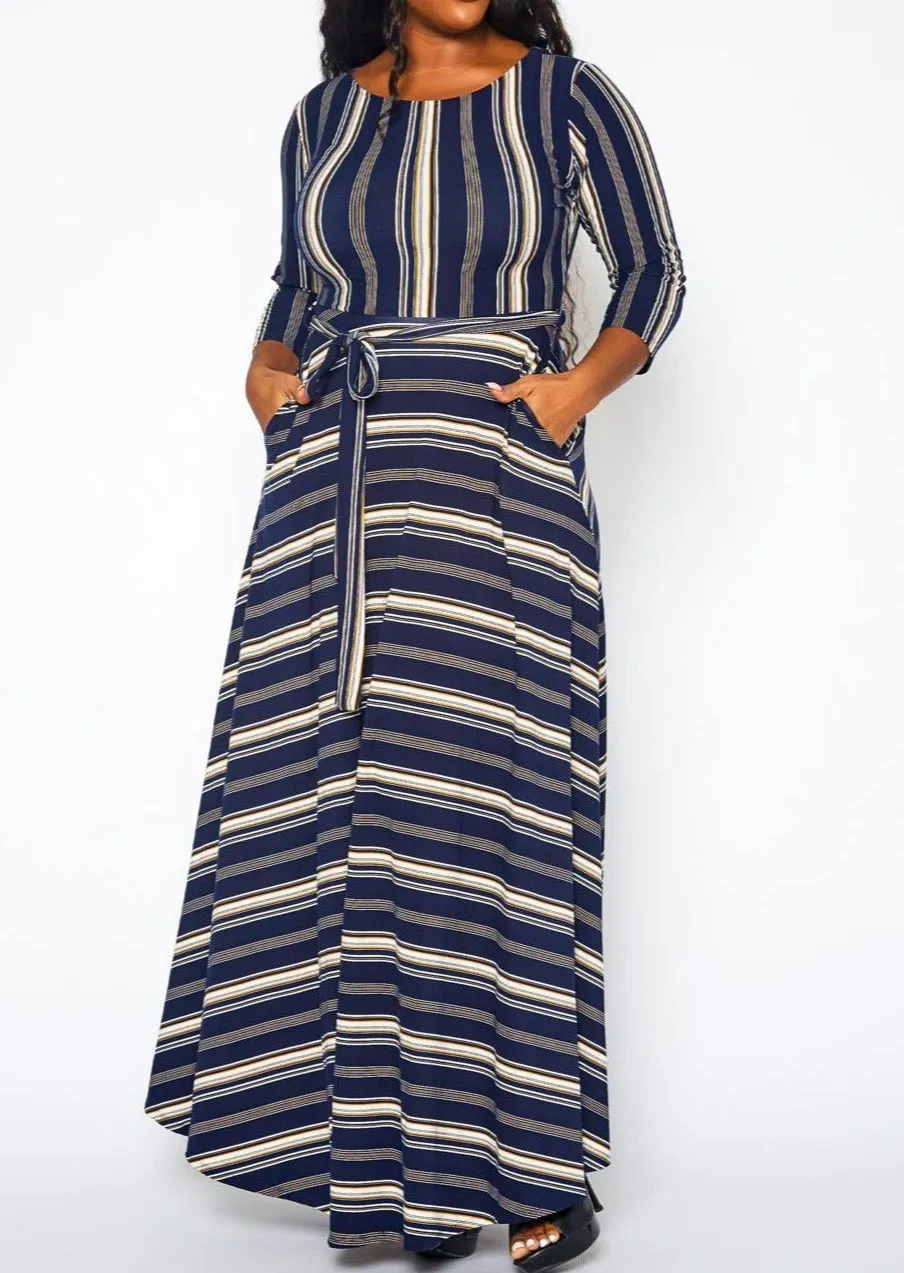 Hi Curvy Plus Size Women Multi Striped Flare Maxi Dress