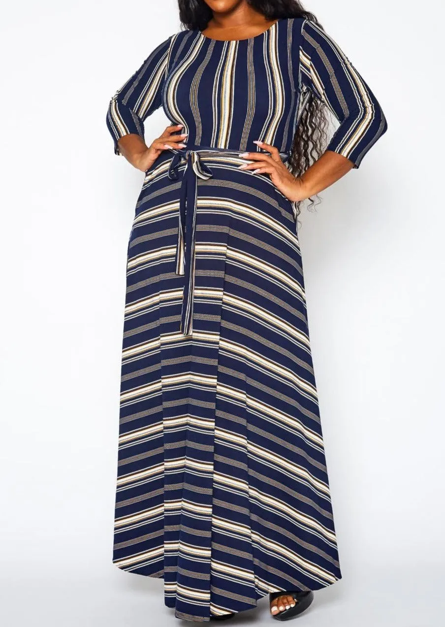 Hi Curvy Plus Size Women Multi Striped Flare Maxi Dress