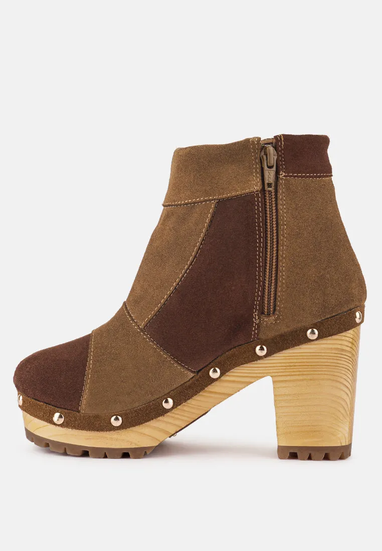 HURON Brown Fine Suede Patchwork Ankle Boots