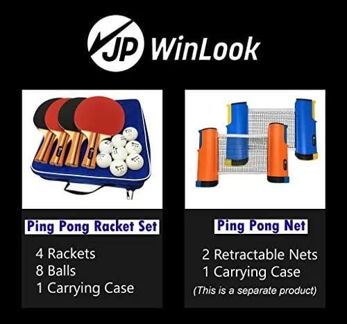 JP WinLook Ping Pong Paddle - 4 Pack Pro Premium Table Tennis Racket Set, 8 Professional Game Balls, Spin Rubber Bat, Training/Recreational Racquet Kit, Accessories Bundle, Portable Cover Case Bag