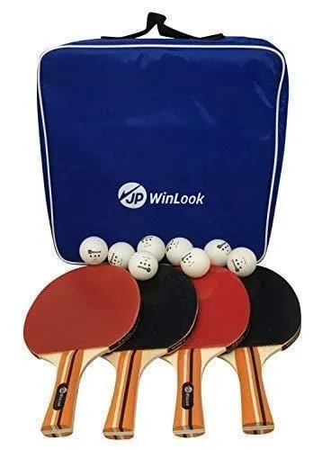 JP WinLook Ping Pong Paddle - 4 Pack Pro Premium Table Tennis Racket Set, 8 Professional Game Balls, Spin Rubber Bat, Training/Recreational Racquet Kit, Accessories Bundle, Portable Cover Case Bag