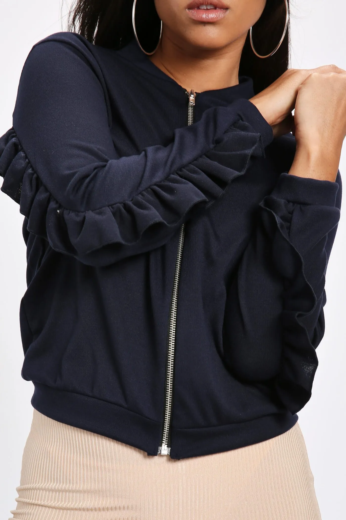 Navy Frill Back & Sleeve Detail Bomber