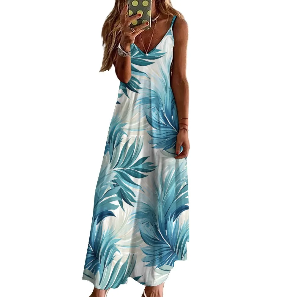 Palm Leaves Blue Spaghetti Strap Ankle-Length Dress Long dress