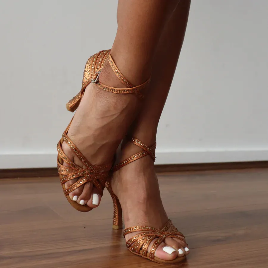 Paris Gold - Tan Gold-Rhinestones 3.5" Latin and Ballroom Dance Shoes