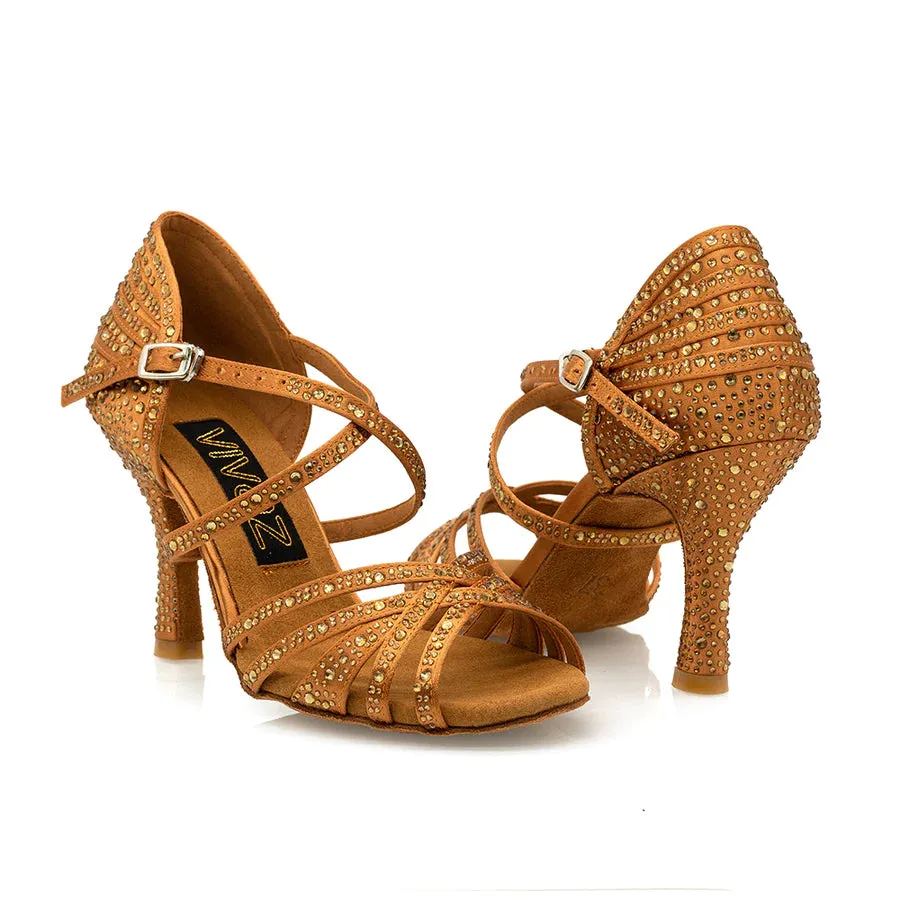 Paris Gold - Tan Gold-Rhinestones 3.5" Latin and Ballroom Dance Shoes