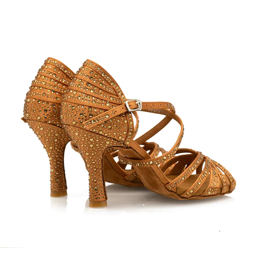 Paris Gold - Tan Gold-Rhinestones 3.5" Latin and Ballroom Dance Shoes