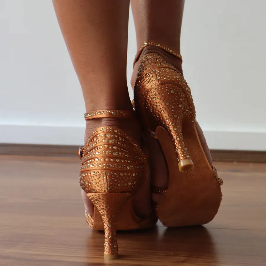 Paris Gold - Tan Gold-Rhinestones 3.5" Latin and Ballroom Dance Shoes