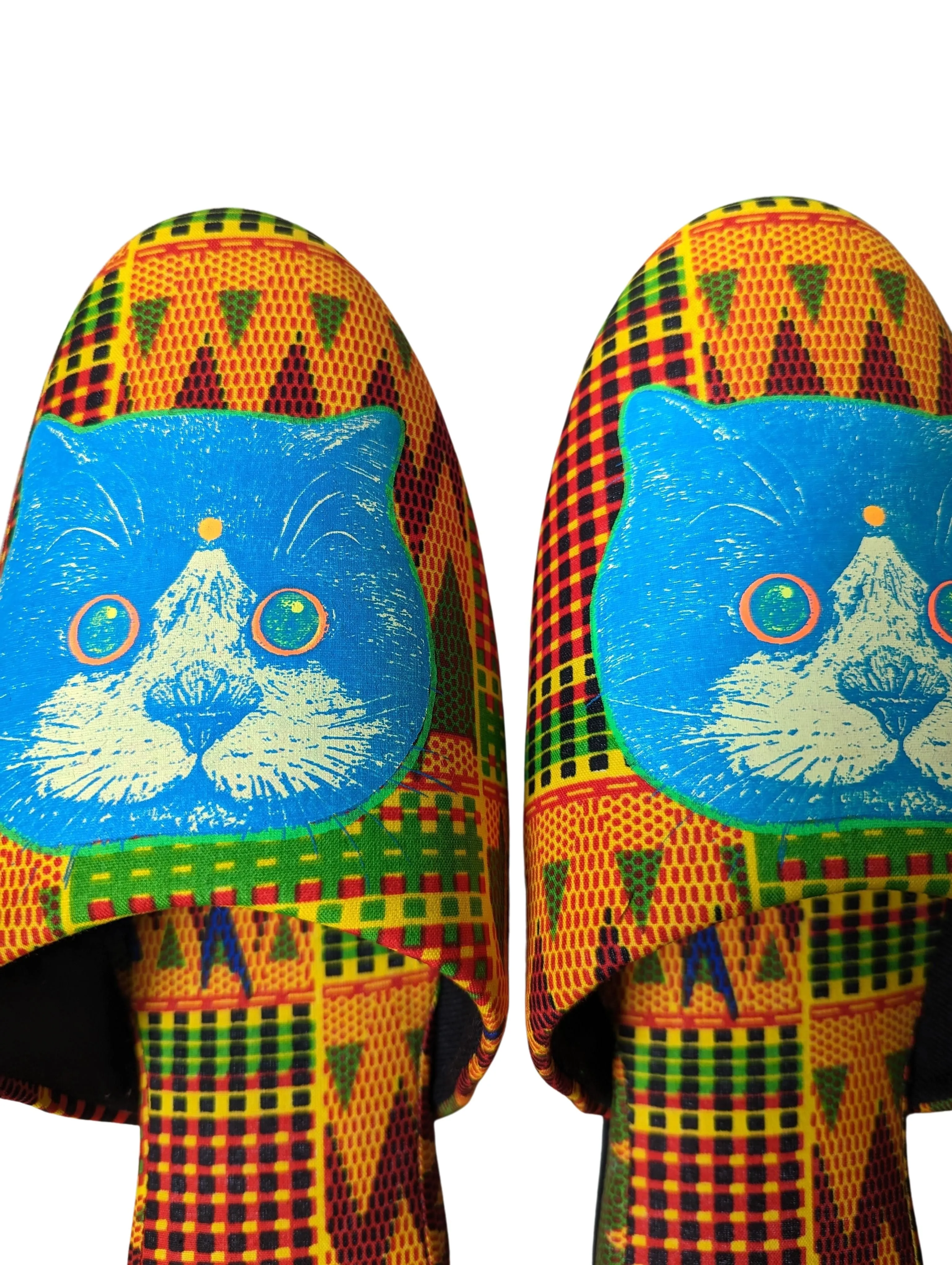SALE XL Satoshi Onodera / FujiTama-Chang Cat mix slippers  #2023SS01 / Silkscreen Printed Mix Slippers [Black wool felt sole] XL