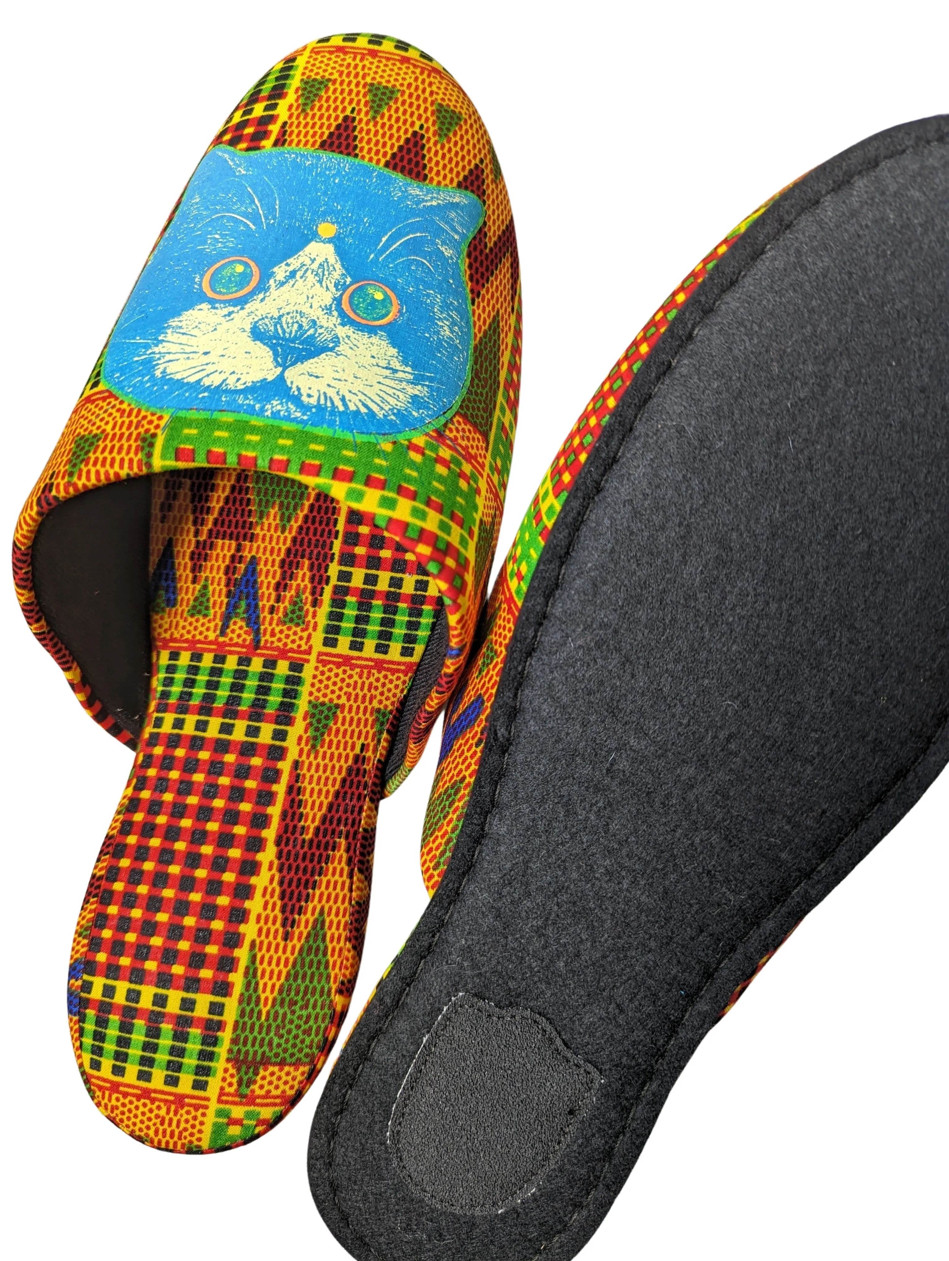 SALE XL Satoshi Onodera / FujiTama-Chang Cat mix slippers  #2023SS01 / Silkscreen Printed Mix Slippers [Black wool felt sole] XL