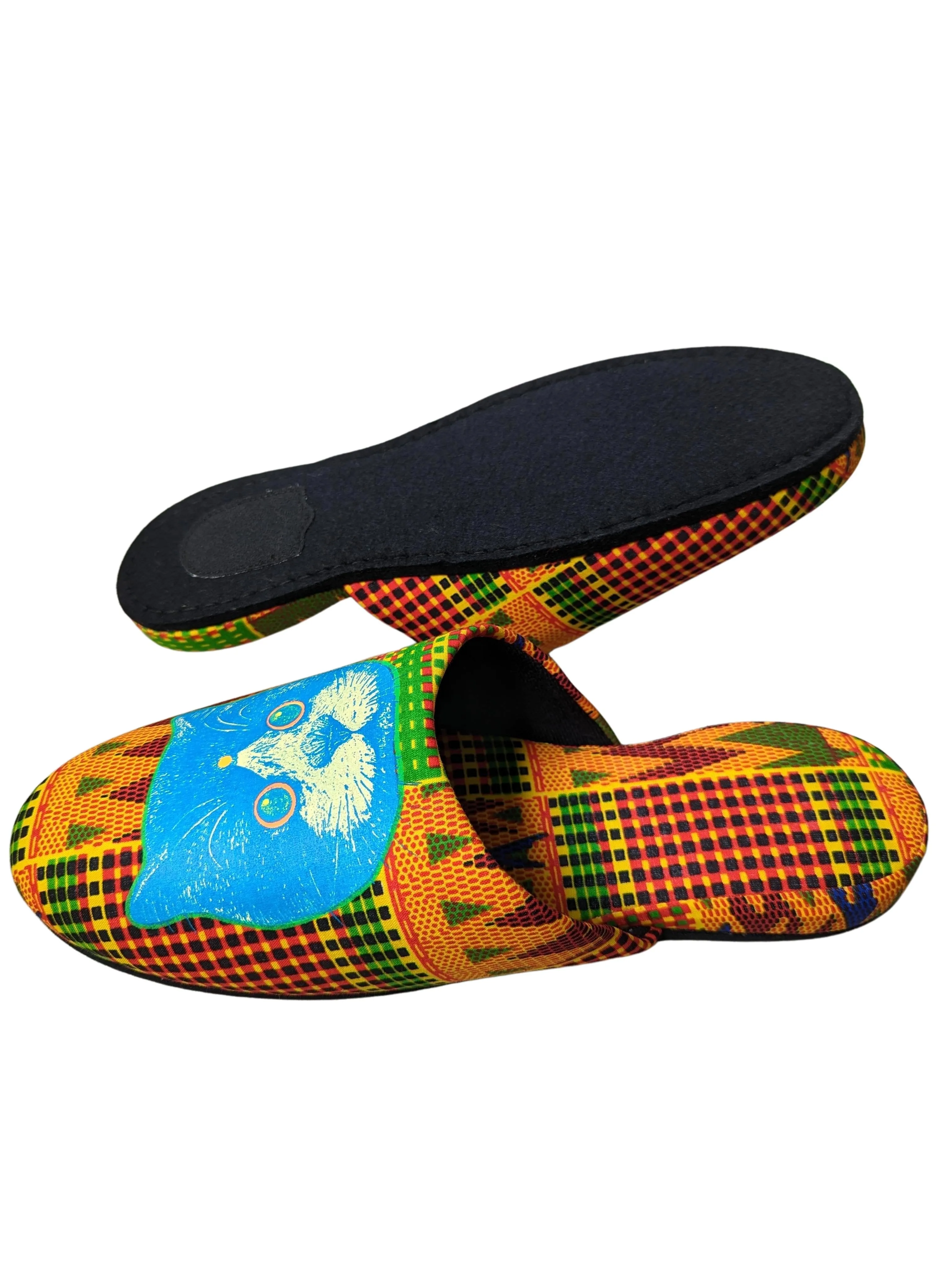 SALE XL Satoshi Onodera / FujiTama-Chang Cat mix slippers  #2023SS01 / Silkscreen Printed Mix Slippers [Black wool felt sole] XL