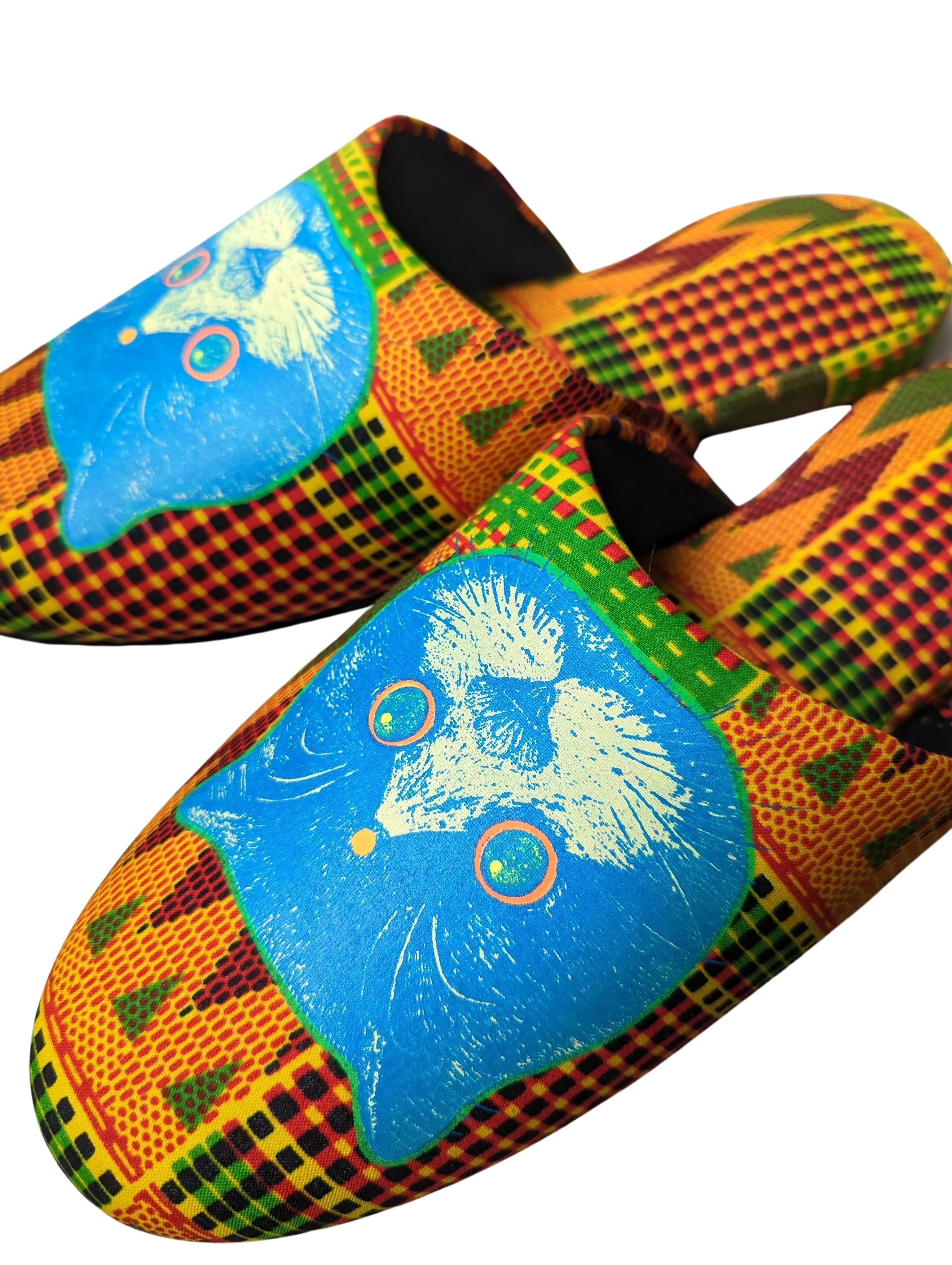 SALE XL Satoshi Onodera / FujiTama-Chang Cat mix slippers  #2023SS01 / Silkscreen Printed Mix Slippers [Black wool felt sole] XL