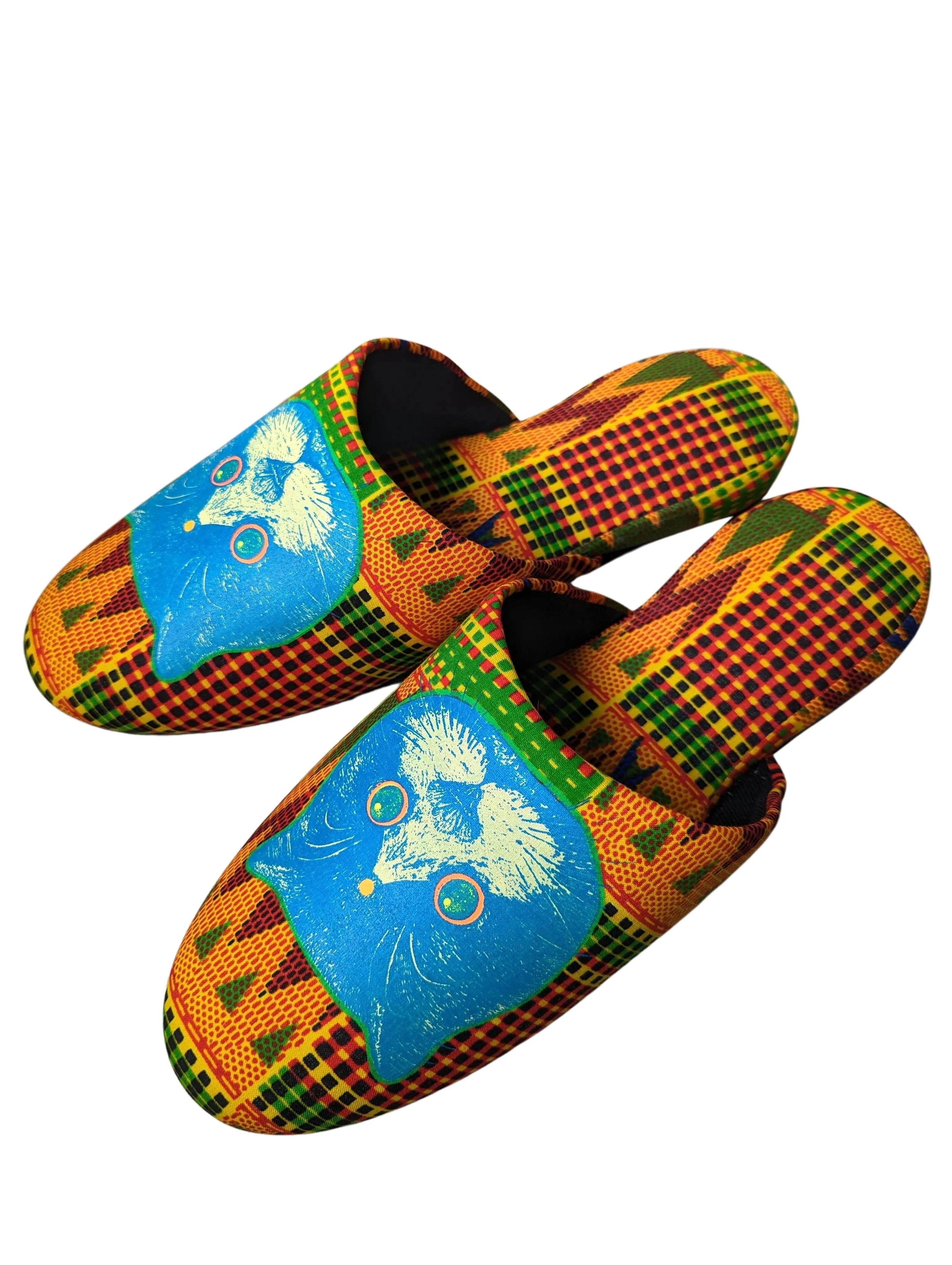 SALE XL Satoshi Onodera / FujiTama-Chang Cat mix slippers  #2023SS01 / Silkscreen Printed Mix Slippers [Black wool felt sole] XL