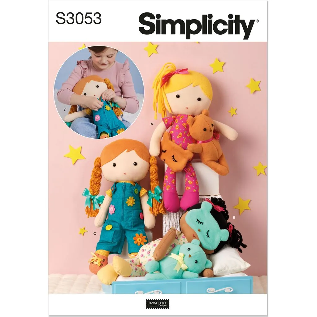 Simplicity Sewing Pattern S3053 Stuffed Dolls with Clothes by Elaine Heigl Designs