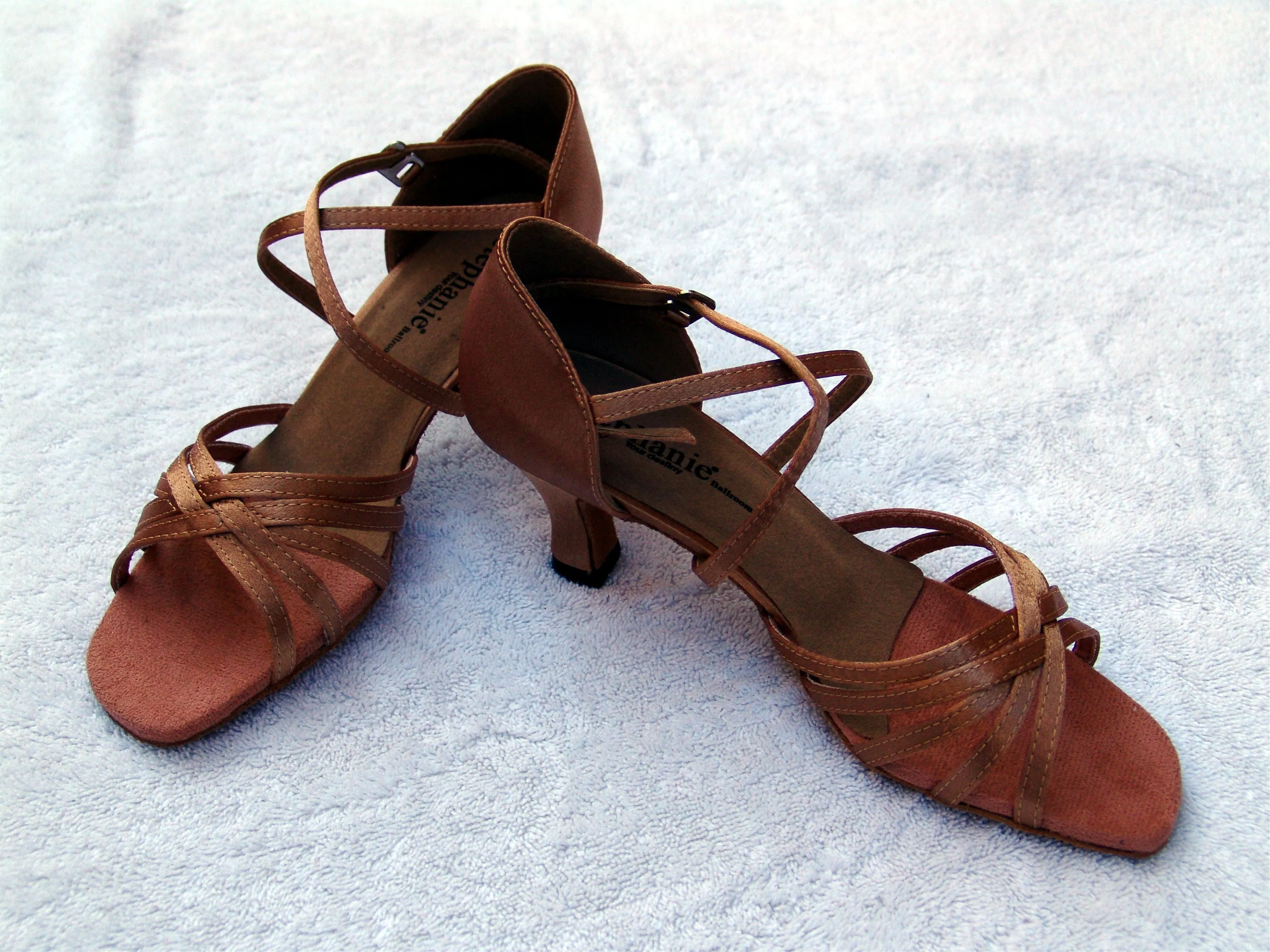 Stephanie 12017- 65 Dark Tan Satin X-Strap Latin Shoe