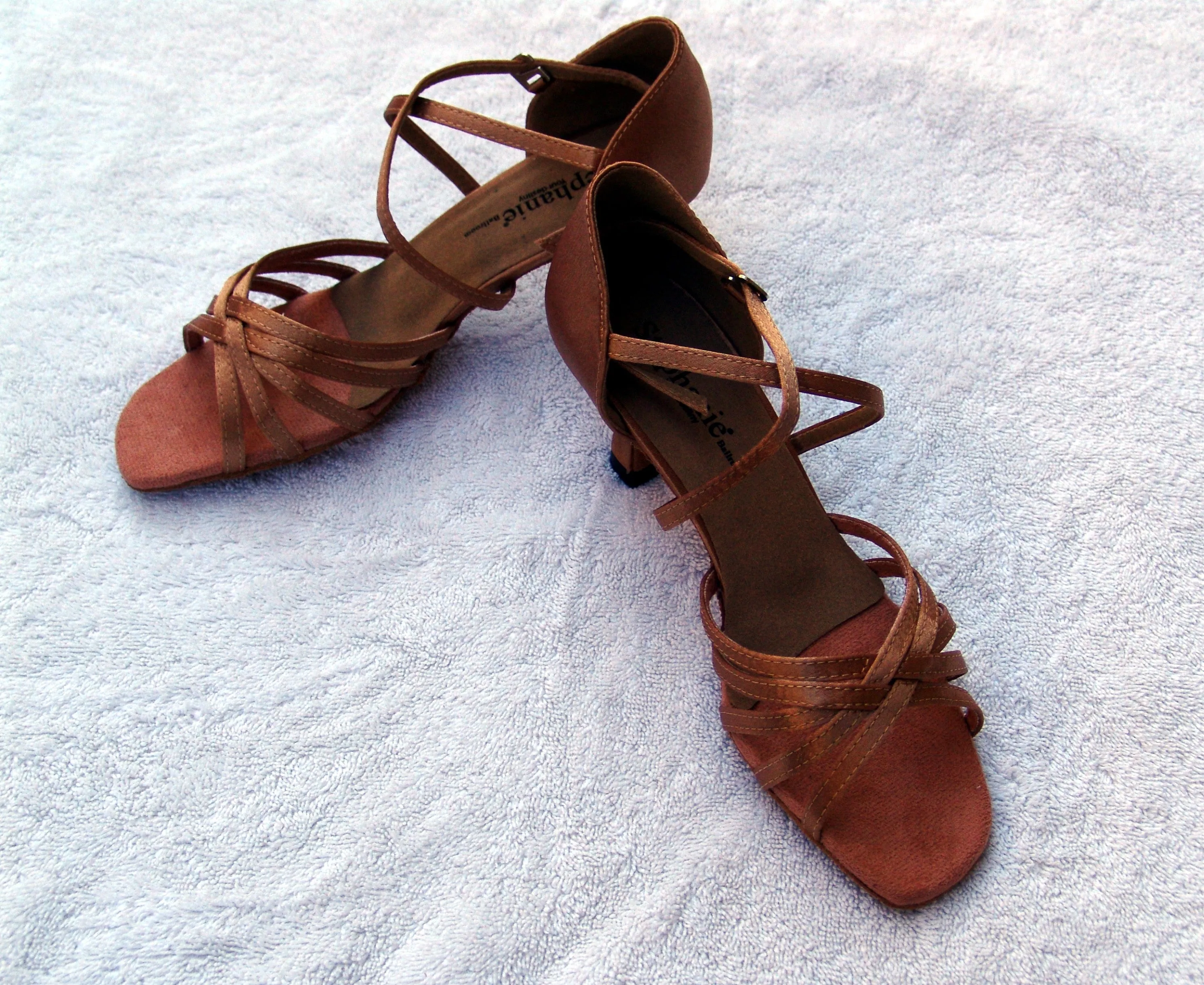 Stephanie 12017- 65 Dark Tan Satin X-Strap Latin Shoe