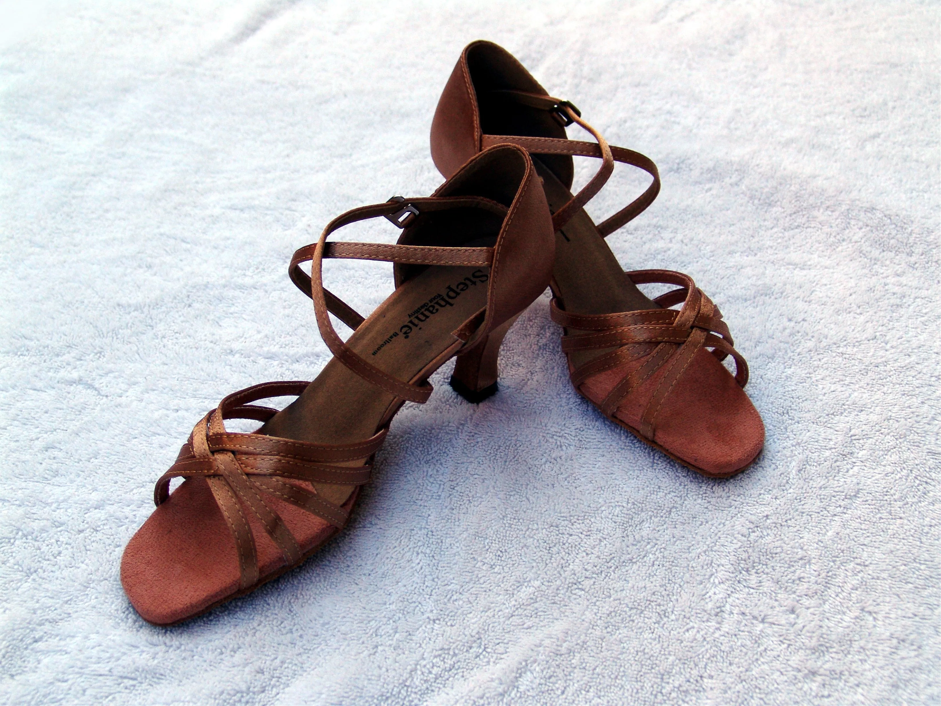 Stephanie 12017- 65 Dark Tan Satin X-Strap Latin Shoe